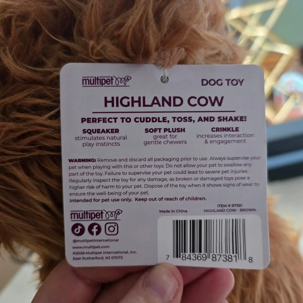 Multipet Highland Cow Brown Plush Dog Toy Squeaker Crinkle 87381 New